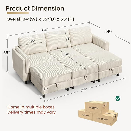 KKL 6 Seaters Sofa Bed for Living Room - Sofa Couch with Storage Ottoman, Convertible L/U-Shaped Sleeper Couch for Living Room, Modern Reversible Design, Beige