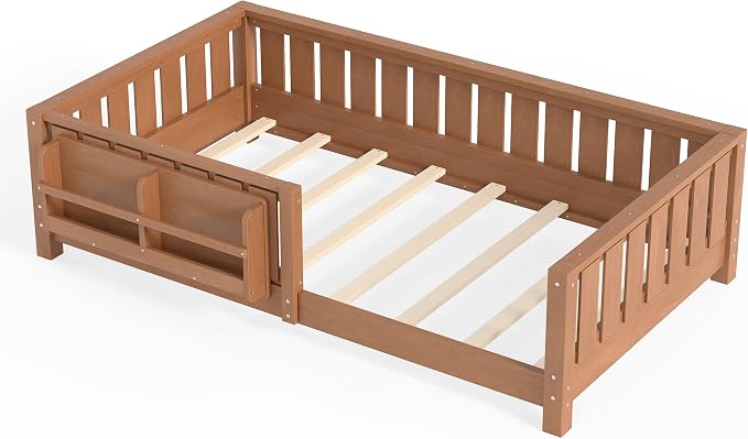 Bellemave Twin Floor Bed with Rails and Slats, Twin Size Montessori Floor Bed with Bookshelf and Fence, Easy Assemble Montessori Beds Frame for Girls, Boys, Natural