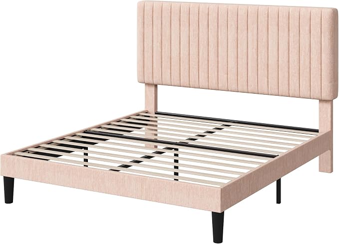 Allewie Full Bed Frame, Upholstered Platform Bed with Adjustable Vertical Channel Tufted Headboard, Mattress Foundation with Strong Wooden Slats, Box Spring Optional, Easy Assembly, Chenille Pink