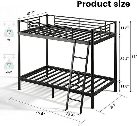 sogesfurniture Heavy-Duty Metal Bunk Bed with Safety Guardrail and Ladder,Twin Size (75"x39"), Space-Saving Design for Kids, Teens, Guest Room - Black