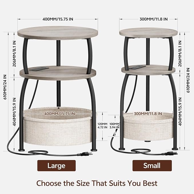 Round Side Table with Charging Station, USB Type C Port, Greige | End Table with Power Outlet and Basket, Space Saving, 3-Tier Nightstand, Corner Stand, for Living Room, Bedroom, Patio