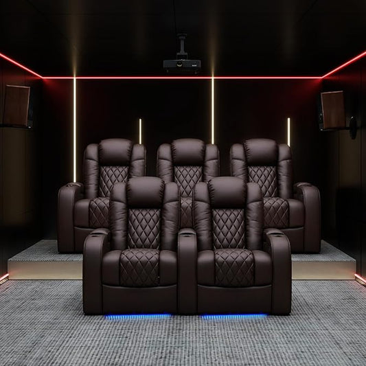 Weilianda Home Theater Seating Top Grain Leather Zero Gravity Recliner Chair Power Headrest Recline Movie Seat Gaming 7 Colors Mood Light Sofa with Tray Table USB Charge Row of 2 Loveseat Brown