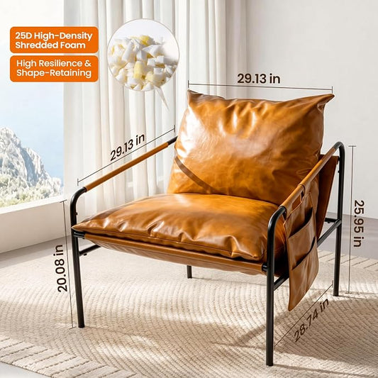 Modern Bright Orange Oversized Faux Leather Chair, Recliner Armchair, Comfy Accent Chair with Sturdy Metal Frame, Armrest bag, Indoor Outdoor couch sofa Chair for Living Room Bedroom Patio lounge