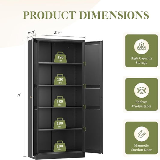 RAVIGIN Metal Storage Cabinet,71" H Pantry Cabinet with 2 Doors and 5 Adjustable Shelves,6 Tier Tall Kitchen Storage Cabinets for Kitchen,Pantry,Living/Study/Laundry Room(Black)