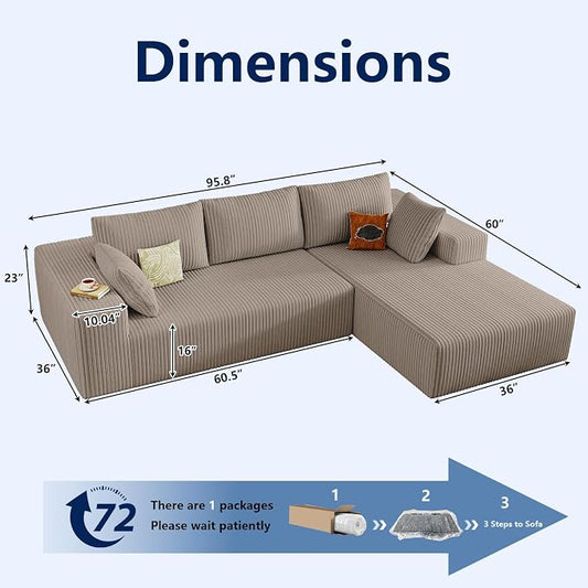 96" Modular Sectional Sofa, Modern Corduroy Cloud Couch with Deep Seat, Boneless Couch Upholstered 3-Seater L-Shaped Sofa for Living Room, No Assembly Required (Camel, Right-Facing Chaise)
