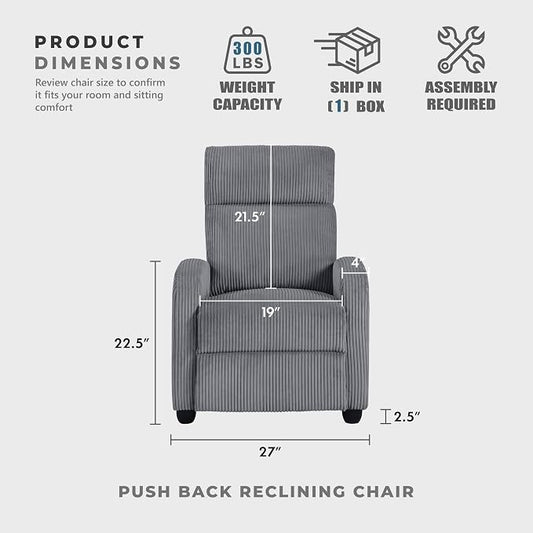 Lexicon Corduroy Pushback Recliner Chair Armchair Push Back Recliner, Solid Wood Frame and Metal Base, Easy Assembly Small Soft Single Sofa Accent Chair for Living Room/Office/Apartment, Dark Grey