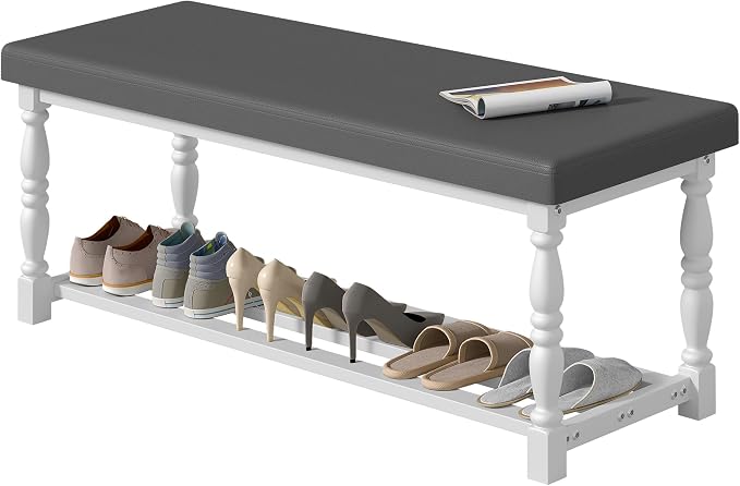YITAHOME 48 Inch Entryway Bench, Storage Bench with Metal Shelf & Cushioned Seat, Indoor Shoe Rack Bench Seat for Dressing Room, Bedroom, Hallway, Entrance, Grey & White