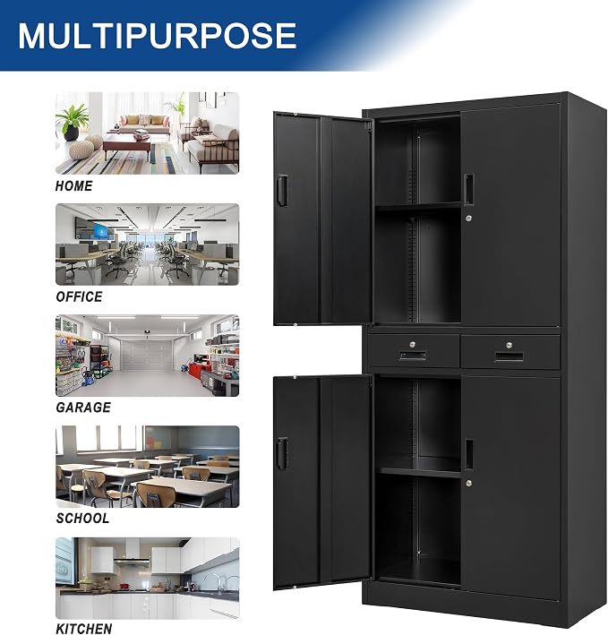 Wanfu Metal Storage Cabinet, 71" Locking Storage Cabinet with Adjustable Shelves and 2 Drawers, Steel Cabinets for Office, Garage, Home, School, Utility Room(Black)