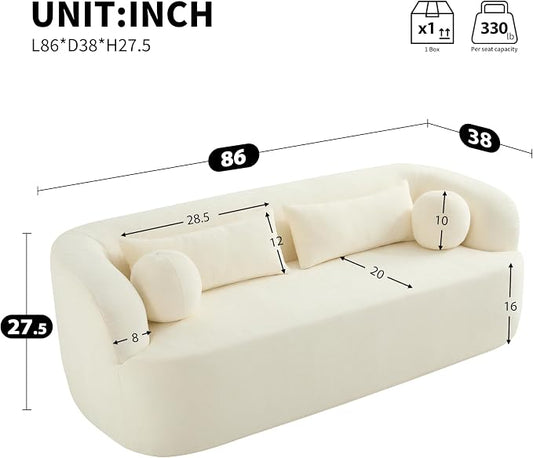 86" Curved Cloud Couch, Curved Sofa,Boneless Couch, Upholstered Sofa with Pillows, No Assembly with High-Density Foam, 3-Seater Luxury Modern Compressed Sofa, Beige