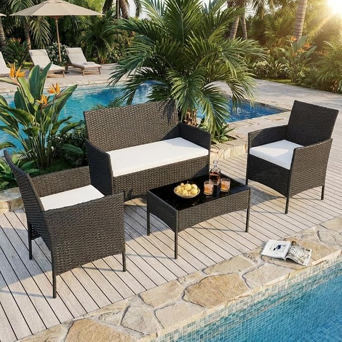 4PCS Outdoor Patio Bistro Set, PE Rattan Wicker Armchairs, Black/Beige