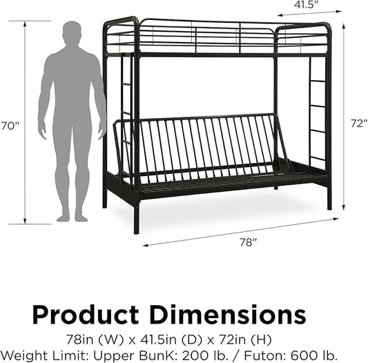 DHP Twin-Over-Futon Convertible Couch and Bed with Metal Frame, Ladder and Guardrails - Black