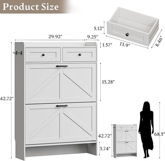BORNOON Shoe Storage Cabinet for Entryway, Farmhouse Narrow Shoe Cabinet with 2 Flip Drawers & Top Drawers, Adjustable Shelves & Hooks, Freestanding Hidden Rack Organizer for Hallway, Foyer