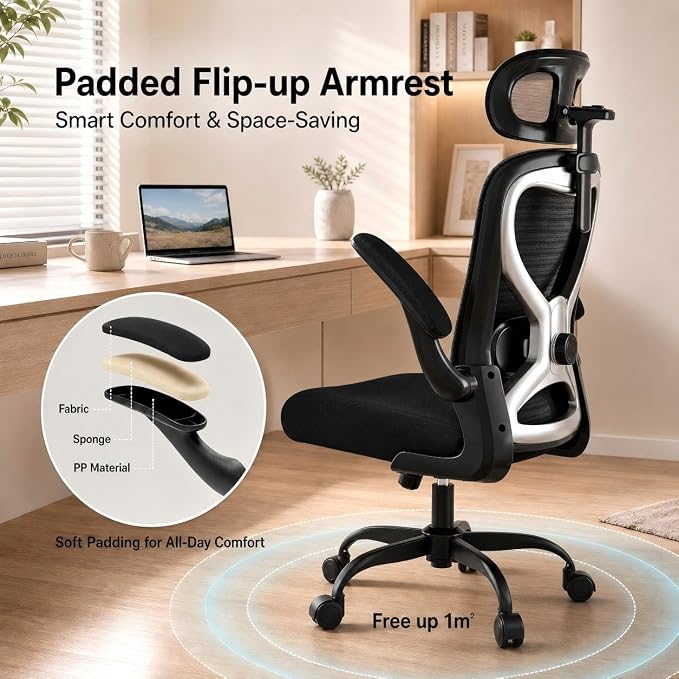 Home Office Desk Chairs, Ergonomic Office Chair with Lumbar Support & 3D Headrest, Computer Desk Chair with Flip-up Armrests, Perfect for Office or Study, Black/Silver