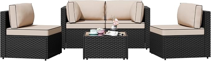 Shintenchi 5 Pieces Outdoor Patio Sectional Sofa Couch, Black PE Wicker Furniture Sets, Patio Conversation Sets with Washable Cushions Glass Coffee Table for Garden, Poolside, Backyard,(Khaki)