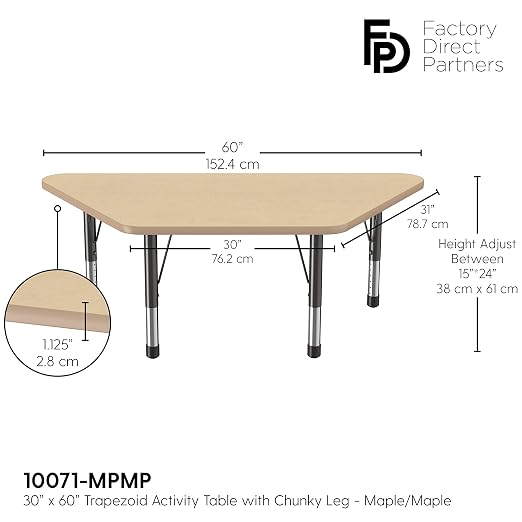 FDP Trapezoid Activity School and Classroom Kids Table (30 x 60 inch), Chunky Toddler Legs for Collaborative Seating Environments, Adjustable Height 15-24 inches - Maple Top and Maple Edge