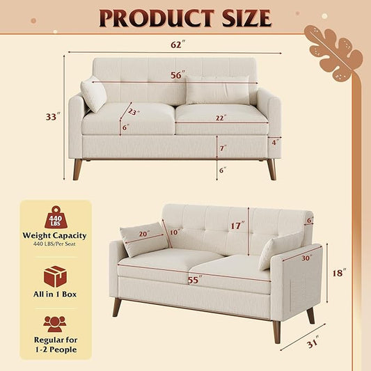 WLIVE 62" Loveseat Sofa, Mid Century Modern Small Couches for Living Room, Button Tufted Upholstered Couch for Bedroom, Solid Wood Frame, Easy to Install Furniture, Beige