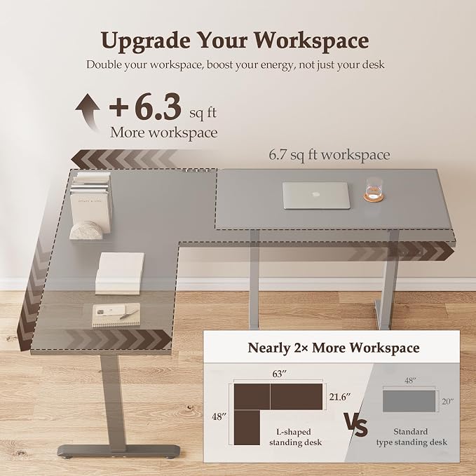 Klicelor L Shaped Standing Desk 63 x 48 Inch, Electric Height Adjustable Corner Desk for Home Office Workstation, Ergonomic Sit to Stand Computer Table with Memory Controller, Black