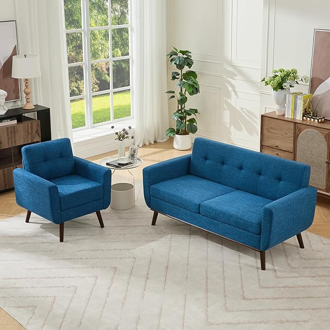 Kingfun Living Room Furniture Sets, Loveseat & Accent Chair, Mid Century Modern Decor Sofa Couches, Button Tufted Upholstered Furniture, Blue | linen fabric