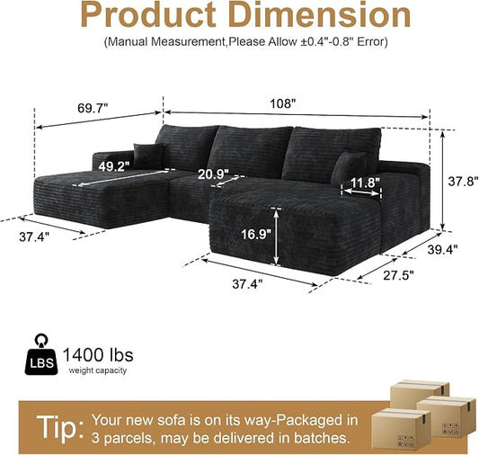 AUGOP 108" Sectional Couches for Living Room Modern Modular Sofa with L-Shape Couchs Upholstered Boneless Couch Deep Seat Sectional Couch with Chaise (Black, Left Facing Chaise+2Seaters+1Ottoman)