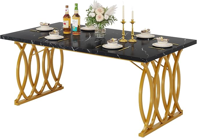 Tribesigns Modern Dining Table, 63" Large Kitchen Table for 4-6 People, Unique Rectangular Dinner Table Kitchen & Dining Room Furniture with Black Faux Marble Tabletop and Geometric Legs