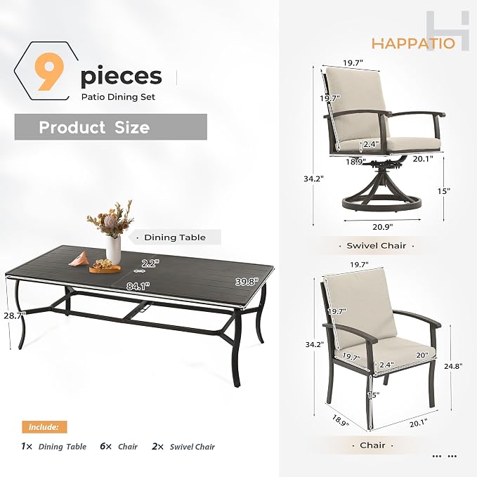 HAPPATIO Aluminum 9 Piece Patio Dining Sets, Outdoor Dining Set for 8, Patio Furniture Sets, 2 Swivel Dining Chairs, 6 Dining Chairs, Aluminum Furniture Set for Patio, Yard (Black)