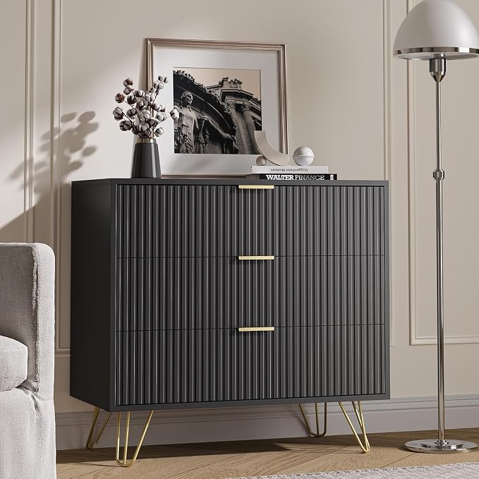 MAISONARIA 3-Piece Dresser Bedroom Set, 9 Drawer Dresser & 3 Drawer Dresser with Gold Handles, Fluted Wood Chest of Drawers for Bedroom, Living Room, Entryway, Black