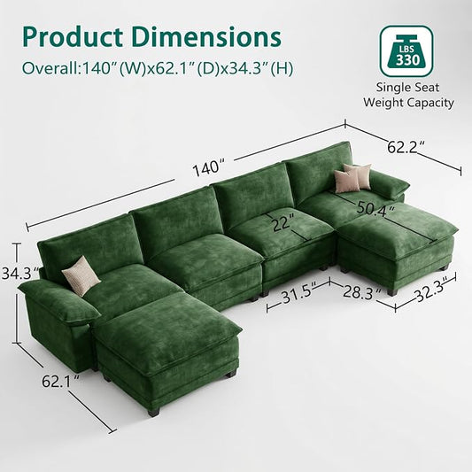 Modern U Shaped Sofa Couches for Living Room, Modular Sectional Cloud Couch with Movable Ottoman, Comfy Chenille Sofa for Apartment and Small Space, Green