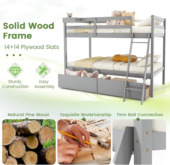 KOMFOTT Twin Over Twin Bunk Bed with 2 Roll-Out Drawers, Wood Bunk Bed Frame with Removable Storage Box, Bunk Bed with Ladder & Safety Guardrail for Dorm Apartment Home, No Box Spring Needed (Grey)