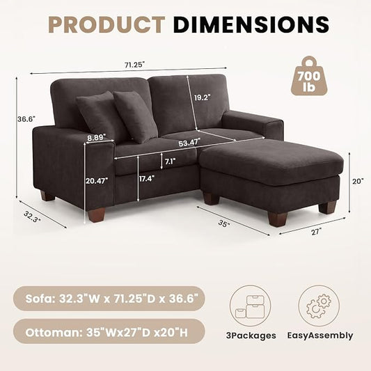 DOPEDIO L-Shaped Sectional Sofa with Storage Ottoman, Modern Chenille Recliner Loveseat, Removable Couch Covers, Pocket Spring Cushions, Solid Wood Frame, Easy to Install (71.25inch, Dark Grey)
