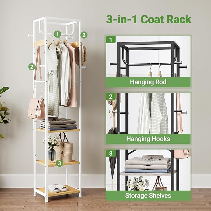 ELYKEN Coat Rack Freestanding, Hall Tree with 3 Storage Shelves and 12 Hooks, Industrial Clothes Rack Stand Organizer for Bedroom, Hallway, Entryway, Office, Living Room