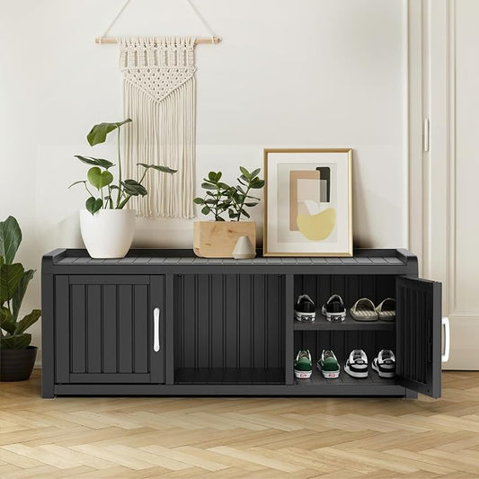 DRATO Outdoor Shoe Storage Cabinet, Waterproof Resin Shoe Storage Bench, Large Shoes Rack Cabinet with 2 Doors for Outdoor Indoor Entryway Hallway Corner Bedroom Porch (Black, 2 Doors)