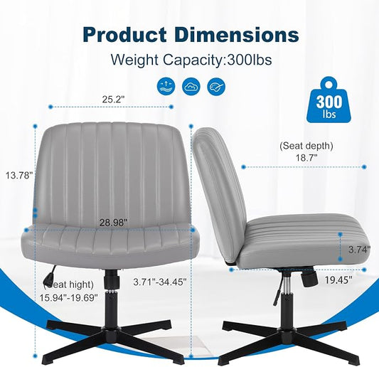 OLIXIS Criss Cross Legged Chairs Armless No Wheels Wide Seat Height Adjustable Swivel Padded PU Leather Home Office Desk Chair for Bedroom, Student, Study Room,Grey