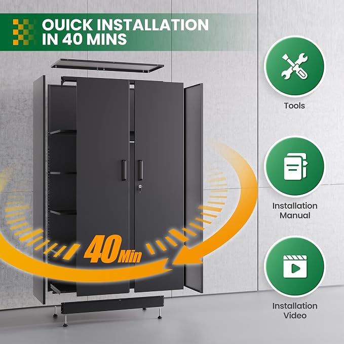 Broom Closet with Lock, Metal Storage Cabinet 36" Wide, 5-Tier Steel Utility Cabinet with Hanging Rod & Doors for Garage, Laundry Room, Warehouse Storage