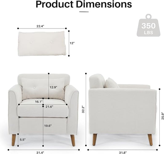 Modern Accent Chair with Wooden Legs Plush Fabric Armchair Chenille Side Single Sofa Chair for Bedroom, Office Cafe Waiting Room Apartment (Beige Armchair)