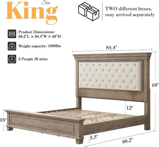LUXOAK Solid Pine Wood King Bed Frame with 69" High Upholstered Headboard, Transitional Style Platform Bed, No Box Spring Needed & Easy Assembly, Button-Tufted Chenille Fabric, Antique Taupe