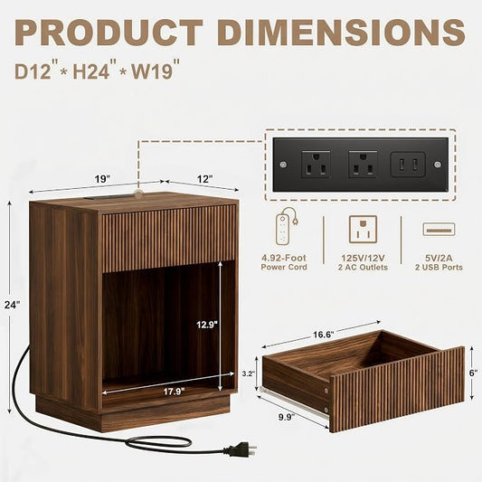 Fluted Nightstands Set of 2, Night Stand with Charging Station, Modern Bed Side Table with Drawer and Storage Shelf, Wood Mid Century End Table for Bedroom Living Room (Walnut)