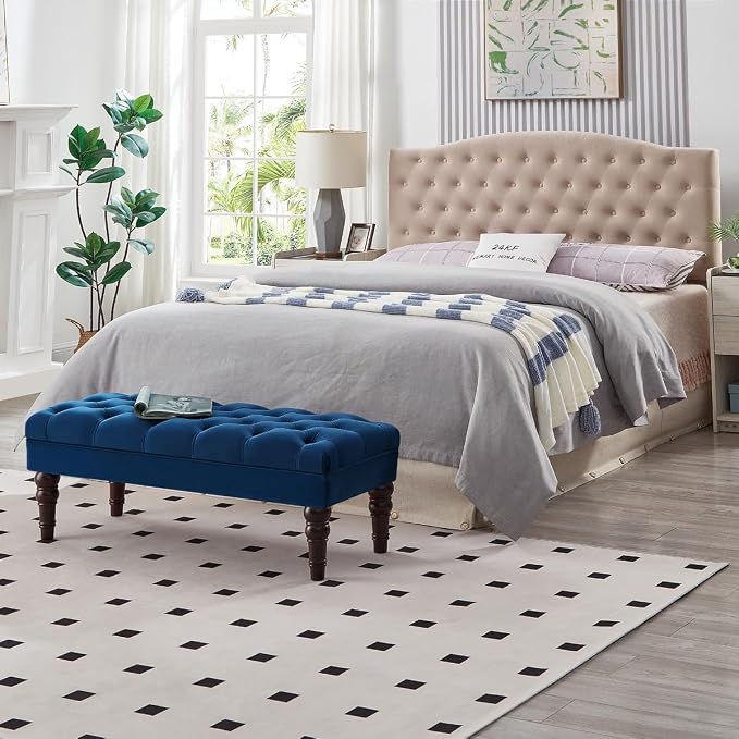 24KF Velvet Upholstered Buttons Tufted Entryway Bench with Solid Wood Leg,Bed Bench Ottoman with Padded Seat,5061N-Navy