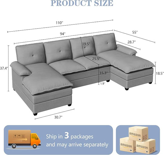 110" Sectional Couches for Living Room,U Shaped Big Sofa Couch with Double Chaise,Modern 4 Seat Modular Sofa Couches with Thick Cushion & Soft Backrest,New Grey