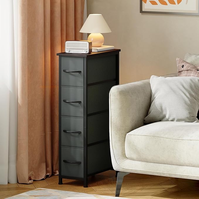 Somdot Narrow Dresser with 4 Drawers, Slim Storage Organizer Chest of Drawers with Removable Fabric Drawers for Small Spaces Bathroom Closet Bedroom Laundry, Charcoal Grey