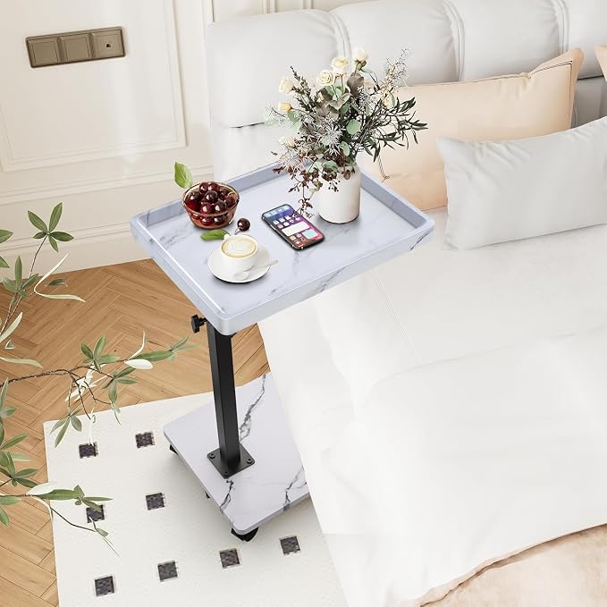 C Table End Table Adjustable Height, 360°Swivel TV Tray Table for Small Spaces, Couch Tables That slide under, C Shaped Side Tables living room and bedroom for Sofa, Bed,Chair, Snack (1, White)