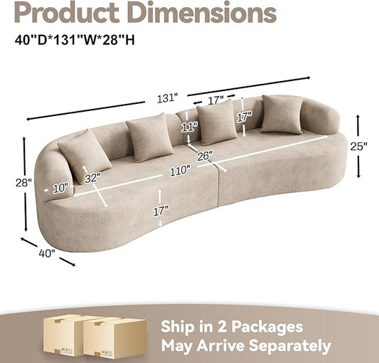 131" Curved Modular Sectional Sofa, Modern Chenille Cloud Couch with Extra Deep Seat, Oversized Boneless Couch for Living Room Apartment, No Assembly Required, Light Brown