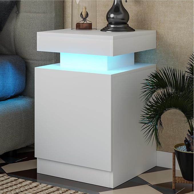MXV Nightstand Set of 2 with LED Lights,Night Stand with Storage Cabinet for Bedroom,Bedside Table with LED (White, 15IN)