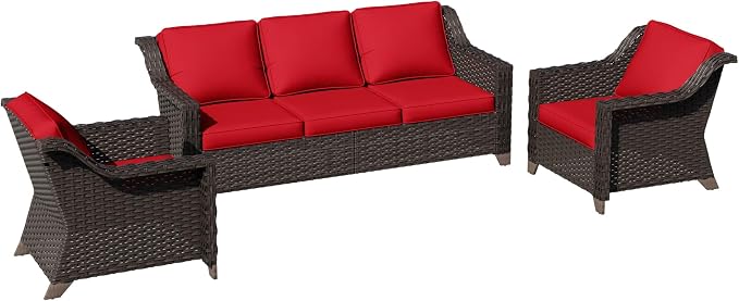 3 Pieces Patio Conversation Furniture Set - 1 Sofa, 2 Armchairs, Outdoor Wicker Furniture with Removable Cushions for Porch, Balcony, Sunroom (Red)