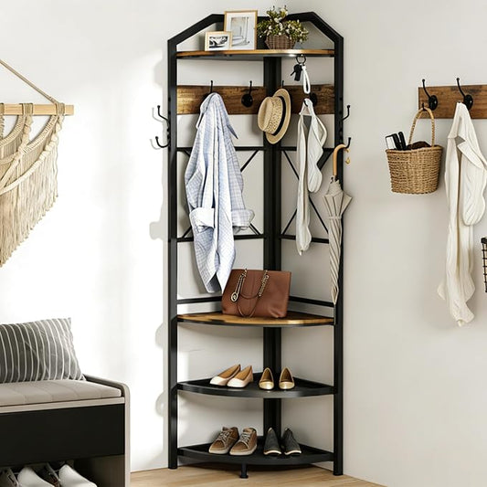 Corner Coat Rack with Storage, Entryway Hall Tree with Bench and 10 Metal Hooks, Freestanding Clothes Rack Shoes Shelf Organizer for Home Office Bedroom, Rustic Brown