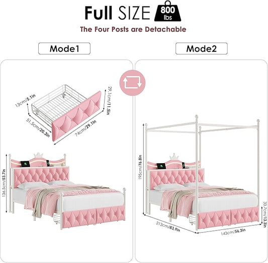 Keyluv Full Size Upholstered LED Canopy Bed Frame with Charging Station and Drawer, Button Tufted Crown Headboard with Storage Shelf, Two-Purpose Removable Four Poster Design Platform Bed, Pink