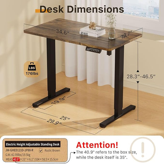 JOY worker Small Electric Standing Desk, 35" x 20" Whole Piece Height Adjustable Desk with Memory Controller, Sit to Stand Desk Workstation for Home Office, Rustic Brown