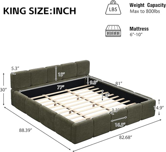 Merax King Size Boucle Platform Bed with Thick Headboard and Footboard, Block Style Upholstery Floor Bed Frame, Green