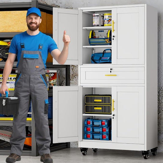 71" Metal Garage Storage Cabinet with Wheels and Locking Doors | Tall Rolling Steel Tool Cabinet with 3 Adjustable Shelves for Garage,Home Office(White, 71" H x 35.43W x 15.74" D)