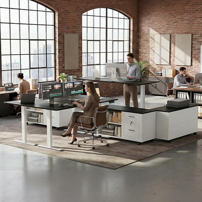 OffiGo 55 Inch L Shaped Electric Standing Desk with Drawers & File Cabinet Sets, Executive Sit Stand Desk, Height Adjustable Computer Desk for Home Office, Writing, Workstation, Black+White