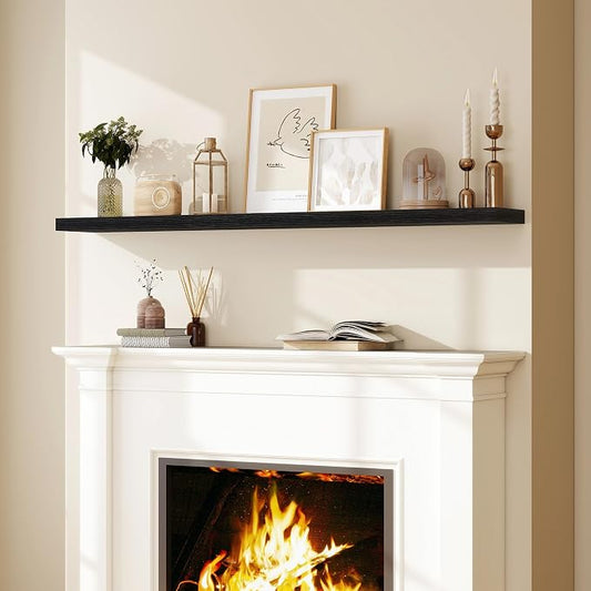 Fun Memories 66 Inch Fireplace Mantel Shelf with Invisible Bracket, 8 Inch Deep Floating Shelf for Living Room, Kitchen, Farmhouse, Black